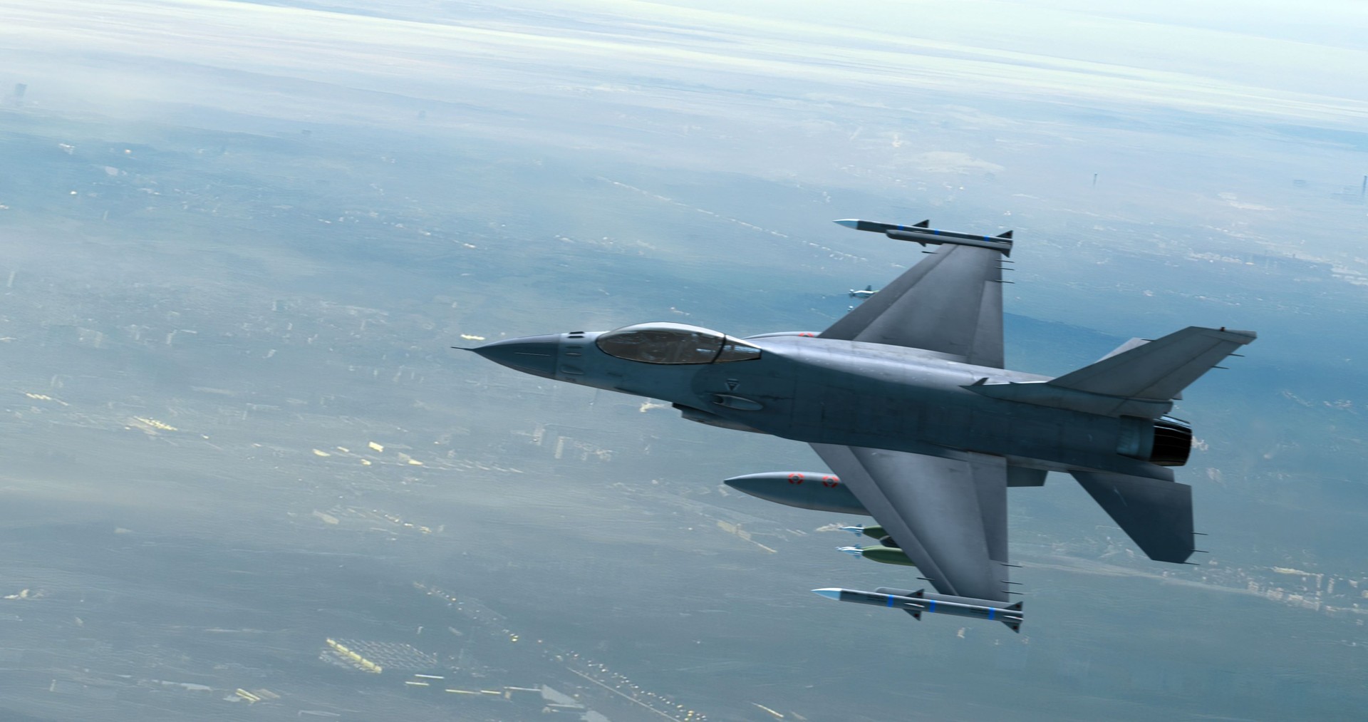Advanced Fighter Jet Flying Over The Industrial City. Accelerates And Disappears.